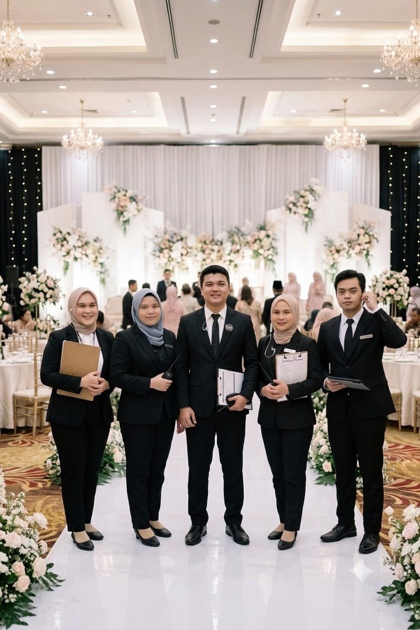Lima kru Dari Kita berdiri di karpet putih venue resepsi
