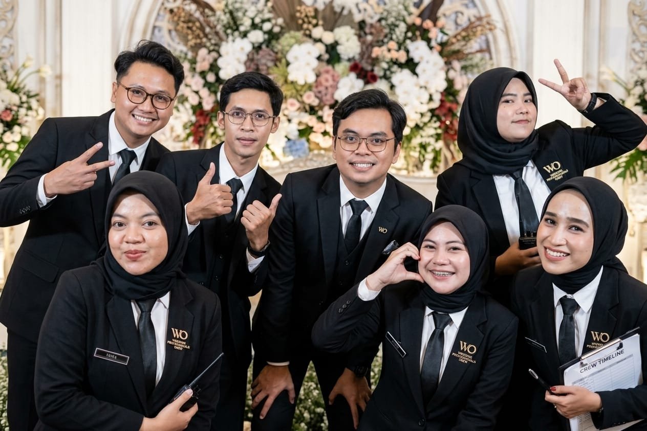 Kru wedding organizer berfoto bersama di depan dekorasi bunga